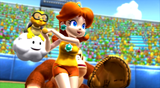 Daisy countering the pitch thrown from Mario.