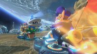 Waluigi and Bowser participating in Renegade Roundup on Lunar Colony in Mario Kart 8 Deluxe, along with a Blue Piranha Plant