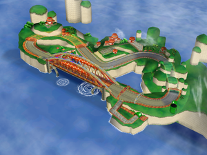 Side aerial view of Mushroom Bridge in Mario Kart: Double Dash!!