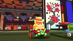Screenshot of the Ceiling Needle section in Ninja Hideaway with sakura petal art, Mario Kart Tour