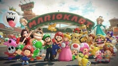 A group photo of the main cast at Mario Bros. Circuit in  Mario Kart World.