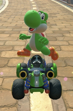 Yoshi performing a trick.