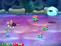 Screenshot of Mario being tripped in Mario & Luigi: Bowser's Inside Story + Bowser Jr.'s Journey
