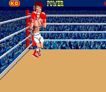Screenshot of the arcade version of Punch-Out!!, showing Mario, Luigi, Donkey Kong, and Donkey Kong Jr. in the audience