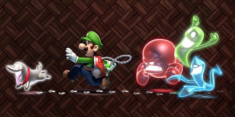 Artwork of Luigi, Polterpup and ghosts shown with the first question of Luigi's Mansion 2 HD Ghost Personality Quiz.