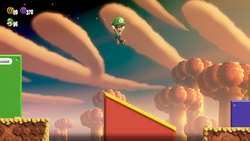Luigi with his Parachute Cap open on the Parachute Cap I course in Super Mario Bros. Wonder.