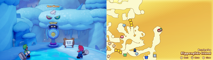 Mario and Luigi being given the Bare Gloves by the Concordia Hammer-Rally machine on Slippenglide Island of Mario & Luigi: Brothership.