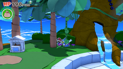 Mario standing near a tree with a vine containing a Coin in Spring of Jungle Mist of The Origami King.