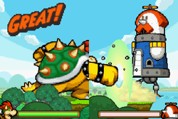 Bowser fighting the tower at the lakeside between both versions