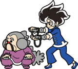 Title card sprite of Young Cricket & Master Mantis from WarioWare: Move It!