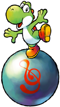 Artwork of Yoshi standing on a ball in Yoshi Topsy-Turvy