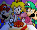 Mario, Luigi and Peach preparing the cake for Bowser.