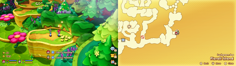 Mario and Luigi near a Sprite Bulb Nest on Florall Island of Mario & Luigi: Brothership.