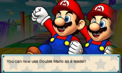 Screenshot of Double Mario's recruitment screen, from Puzzle & Dragons: Super Mario Bros. Edition.