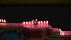 Mario at a hidden ? Block location in the Palace of Shadow, in the remake of the Paper Mario: The Thousand-Year Door for the Nintendo Switch.