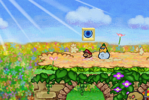 Mario standing next to the northeast Super Block in Flower Fields in Paper Mario.