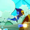 A Sour Bunch while jumping up from the sea in Melody of the Sea in Princess Peach: Showtime!. Stella in catch-up mode and a small bit of a postgame Ninja Theet curtain can be seen in the lower right.