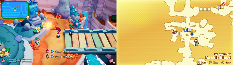Mario and Luigi near a Sprite Bulb Nest on Rumbla Island of Mario & Luigi: Brothership.