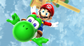 Mario and Yoshi blasting off in an early Cloudy Court Galaxy. Note that Yoshi doesn't appear in this galaxy at all in the final game.