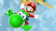 Mario and Yoshi blasting from a Launch Star in an early Cloudy Court Galaxy