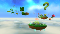 A screenshot of Gusty Garden Galaxy during the "Bunnies in the Wind" mission from Super Mario Galaxy.