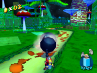 A calm Chain Chomplet with some burning goop in the game Super Mario Sunshine.