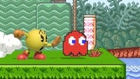 PAC-MAN using his side smash attack to summon Blinky on Mushroom Kingdom II in Super Smash Bros. Ultimate