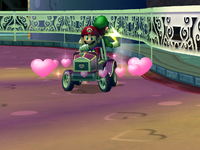 Mario and Luigi riding the Heart Coach in Mushroom City from Mario Kart: Double Dash!!. They are taking a shortcut.