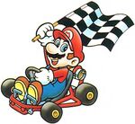 Artwork of Mario holding a checkered flag for Super Mario Kart