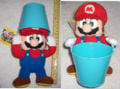 A plushie of Mario holding a bucket over his head based on Mario & Wario
