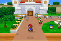 Mario walks overs to Peach's Castle.