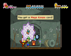 Luigi holding the 100 Shop Point reward in Super Paper Mario.