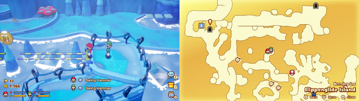 Mario and Luigi near a 10-Coin on Slippenglide Island of Mario & Luigi: Brothership.