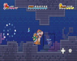 Bowser using Fleep to uncover the Big Blooper Super Card in The Tile Pool of Super Paper Mario.