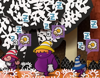 The Three Shadows under the effect of the Sleep status, as seen in Paper Mario: The Thousand-Year Door (Nintendo Switch).
