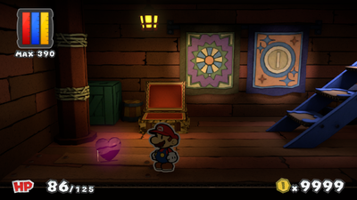 Mario near a Heart in the ship found in Violet Passage, Vortex Island, Lighthouse Island and Fortune Island of Paper Mario: Color Splash.