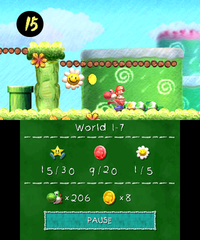 Smiley Flower 2: Red Yoshi must pound two tall posts into the ground to remove them and get access to the Smiley Flower while avoiding an Eggo-Dil.