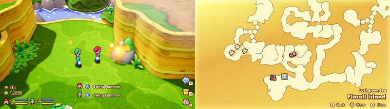 Mario and Luigi near a Sprite Bulb Nest on Florall Island of Mario & Luigi: Brothership.