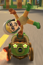 The Hammer Bro Mii Racing Suit performing a trick.