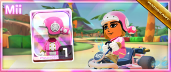 The Toadette Mii Racing Suit from the Mii Racing Suit Shop in the Sunshine Tour in Mario Kart Tour