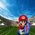 Artwork of Mario holding a tennis racket at a tennis court