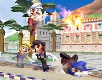 Four different costumes of Mario in Super Smash Bros. Brawl