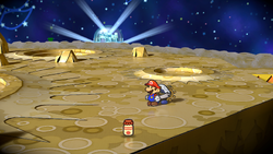 Mario after destroying the rock containing a Power Punch on the Moon of Paper Mario: The Thousand-Year Door for Nintendo Switch.