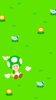 Kinopio-kun relaxing on the grass with various power-ups