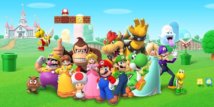 Group artwork of Super Mario characters, shown with the first question of the Fun Bowser Personality Quiz
