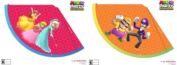 Printable sheet for Mario Party Superstars party hats featuring Peach, Daisy, Rosalina, Wario, and Waluigi