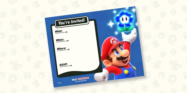 A Super Mario Bros. Wonder–themed invitation featuring Mario and a Wonder Flower