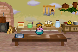 Princess Peach finding Salt in the kitchen of her castle of Paper Mario.