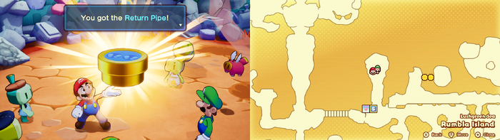 Mario getting the Return Pipe from Willma on Rumbla Island of Mario & Luigi: Brothership.