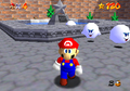 Mario in the courtyard in Super Mario 64